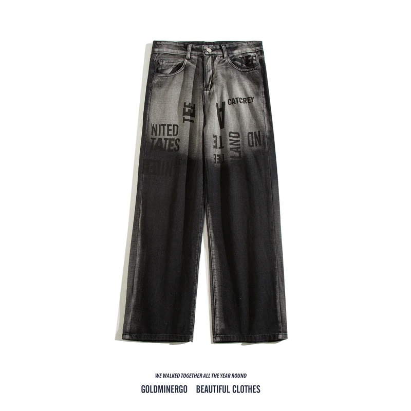 

Gradient Color Men's Jeans Street Style Printed Wide Leg Pants Casual Loose Fit Denim Jeans Youth Trendy Straight Leg Trousers