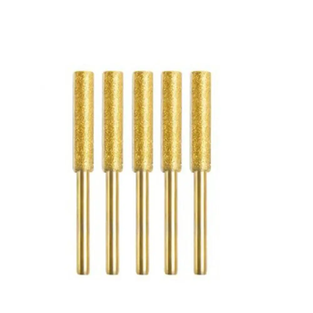 5pcs 4/4.8/5.5mm Diamond Coated Chainsaw Sharpener Stone Polishing Abrasive Chainsaw File Gold Cylindrical Burr Grinding Tools