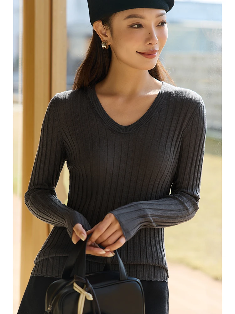 

Женский свитер-пуловер с U-образным вырезом из ультратонкой камвольной пряжи (80-ниточный), с эффектом похудения, для базового слоя