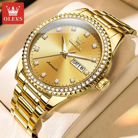 OLEVS 라인스톤 오토매틱 기계식 시계 남성 패션 비즈니스 골드 시계 남성 스테인리스 스틸 3ATM 방수 시계