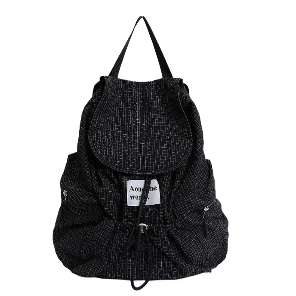 

Trendy Solid Color Drawsting Backpacks Korean Plaid Ruched Shoulder Bags Casual Nylon Student Schoolbag Teenagers