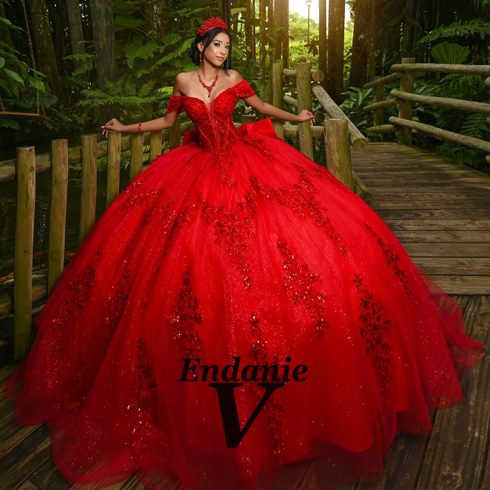 Vendanie glamouroso fora do ombro vestidos de baile para meninas ilusão apliques bowknot quinceanera vestido vestidos de 15 personalizado