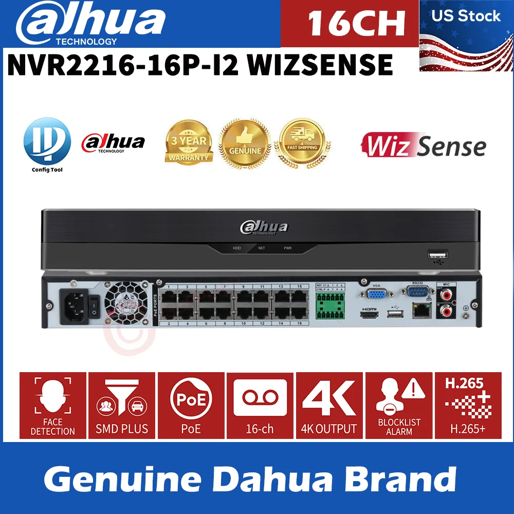 

Dahua Wizsense NVR2216-16P-I2 16Channels 2-Series 2-Bay 1U 2HDD 4K 16-PoE 4K NVR AI-By NVR HDMI VGA Network Recorder