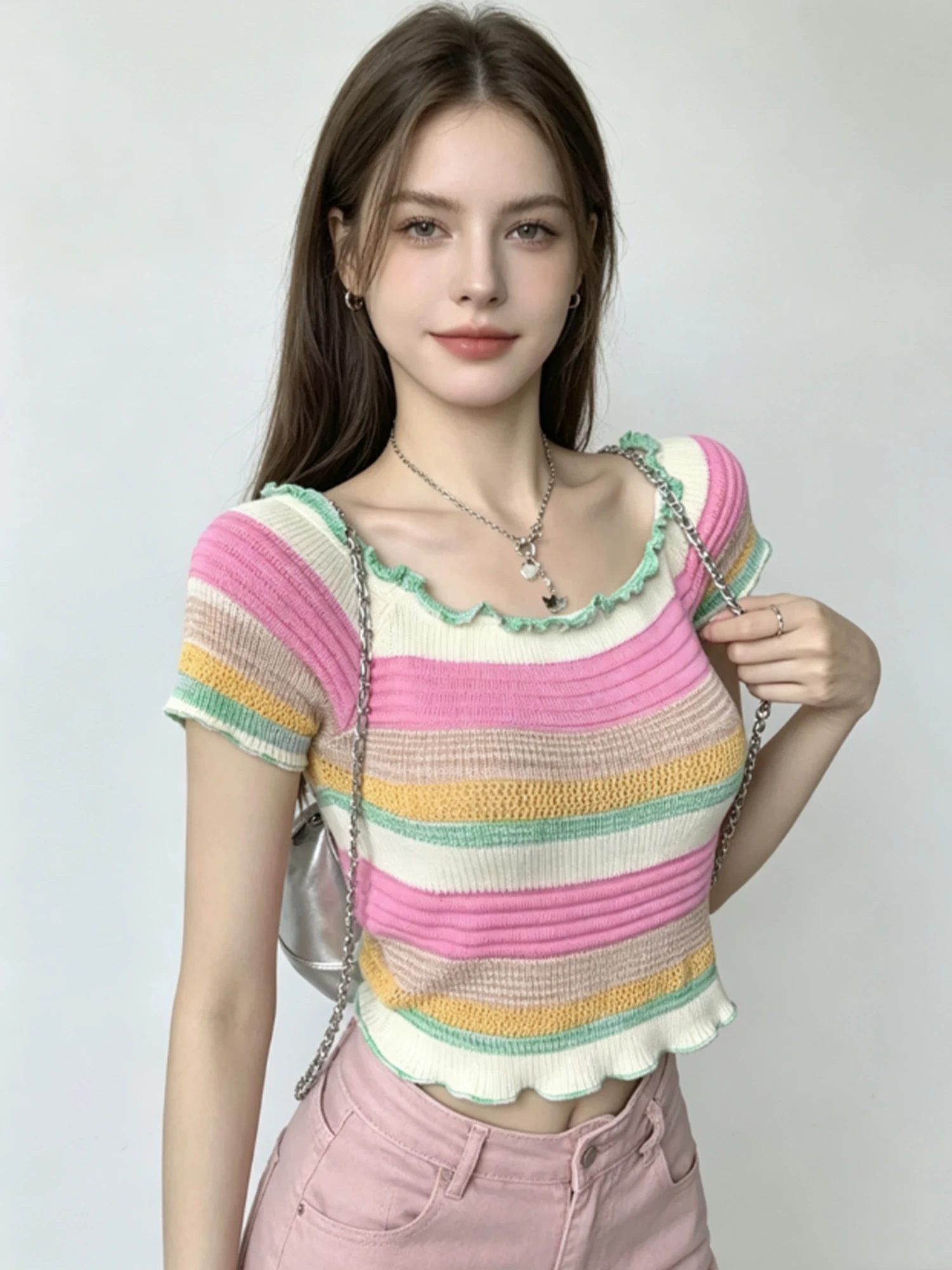 Women's Off-shoulder Striped Short Sleeve T-shirt Knit Top Vintage Y2K Gyaru Tee Top Ruffled Slim Cropped T-shirt Women Summer