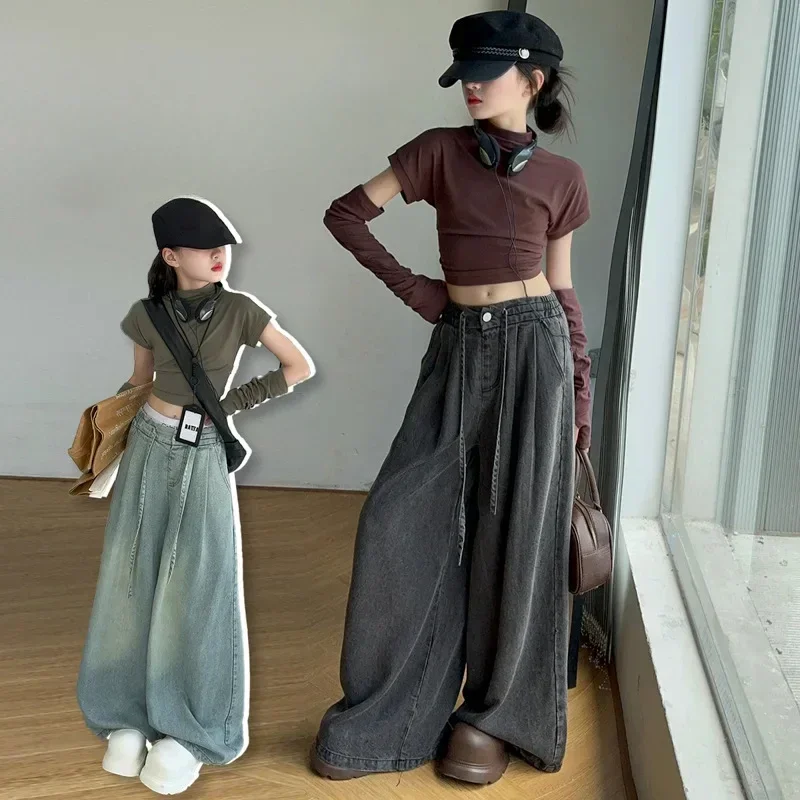 Girls Jeans 2025 Autumn Famous Western-style Child Wide Leg Pants Kids Floor Trousers 6 8 10 12 14 Vetement Enfant Fille Clothes