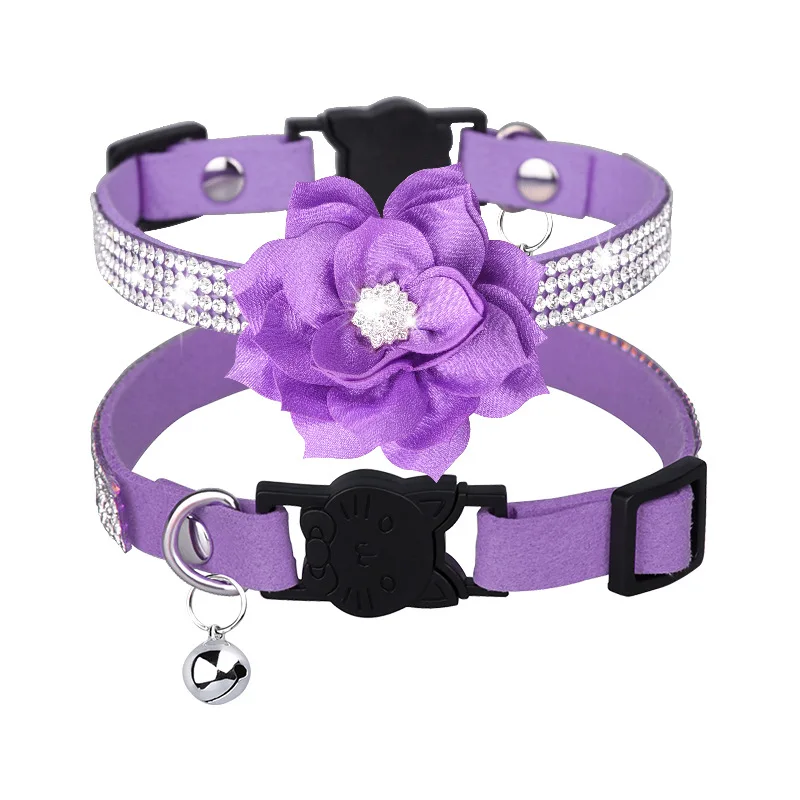 

Rhinestone Cat Collar Shiny Adjustable XS Purple Dog Collars Velvet Pet Necklace Bell Small Puppies Thick Medium Large Holiday