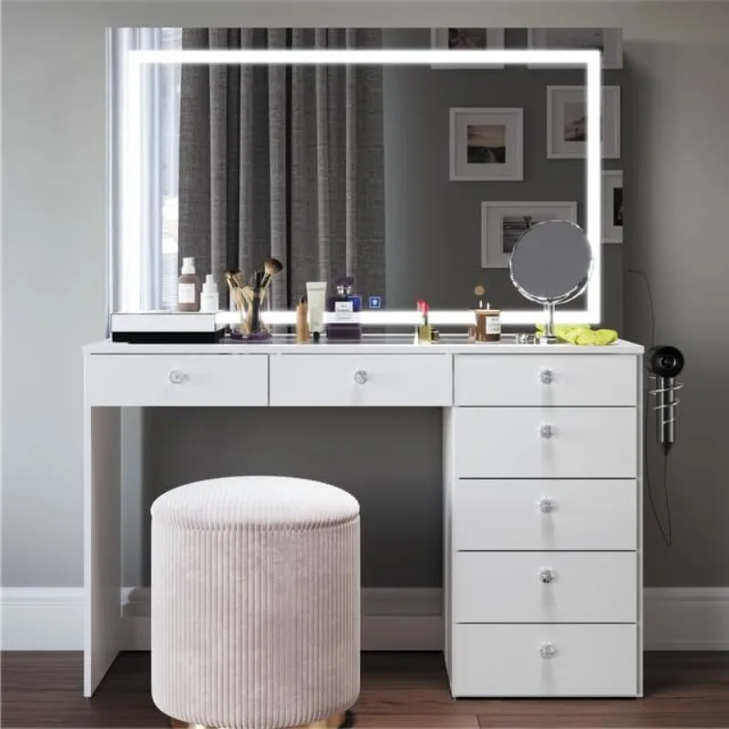 Brielle Large Makeup Vanity Desk with Dimmable LED, 2 Bluetooth Speakers, USB Type C & Type A, 110 V Power Outlet