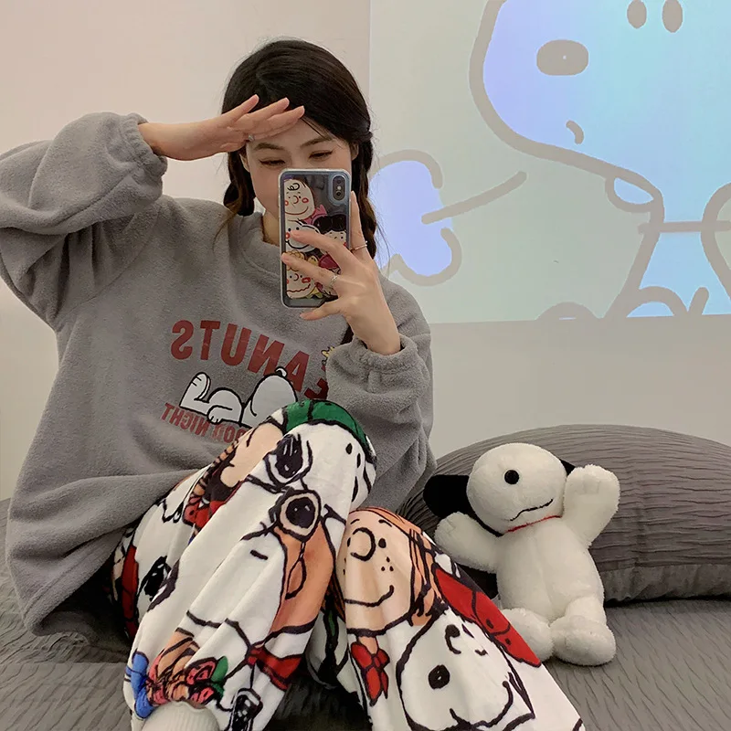 Peanuts Cartoon Snoopy Flannel Cartoon Pajamas Thick Homewear Coral Fleece Long Sleeves Pants Warm Suit Cute Girl Christmas Gift