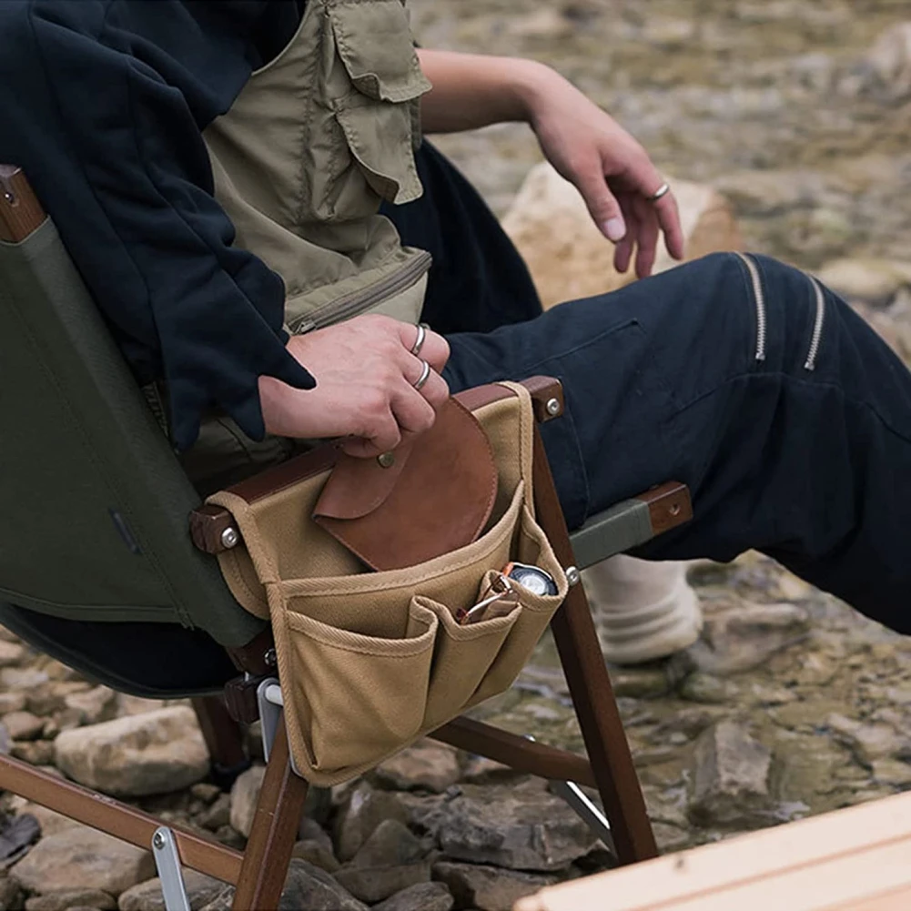 Chair Armrest Organizer Outdoor Camping Armchair Hanging Canvas Storage Bag Folding Arm Chair Side Pouch with 4 Pockets