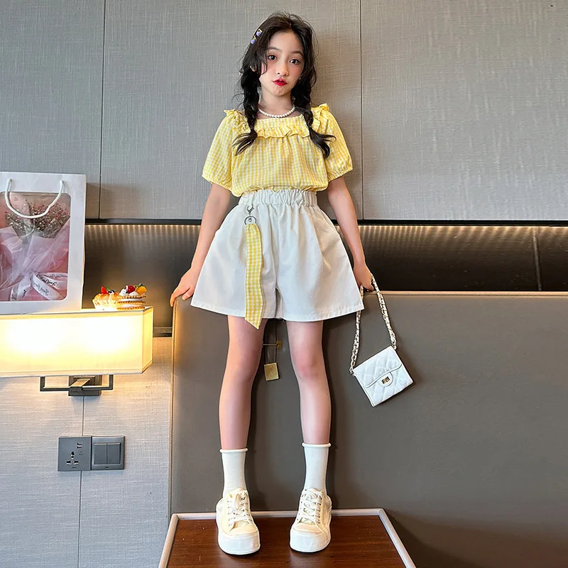 Korean Summer Girl Children's Top And Bottom Set School Girl Plaid Casual T-shirt+Solid Shorts junior girl 2PCS Clothes Set