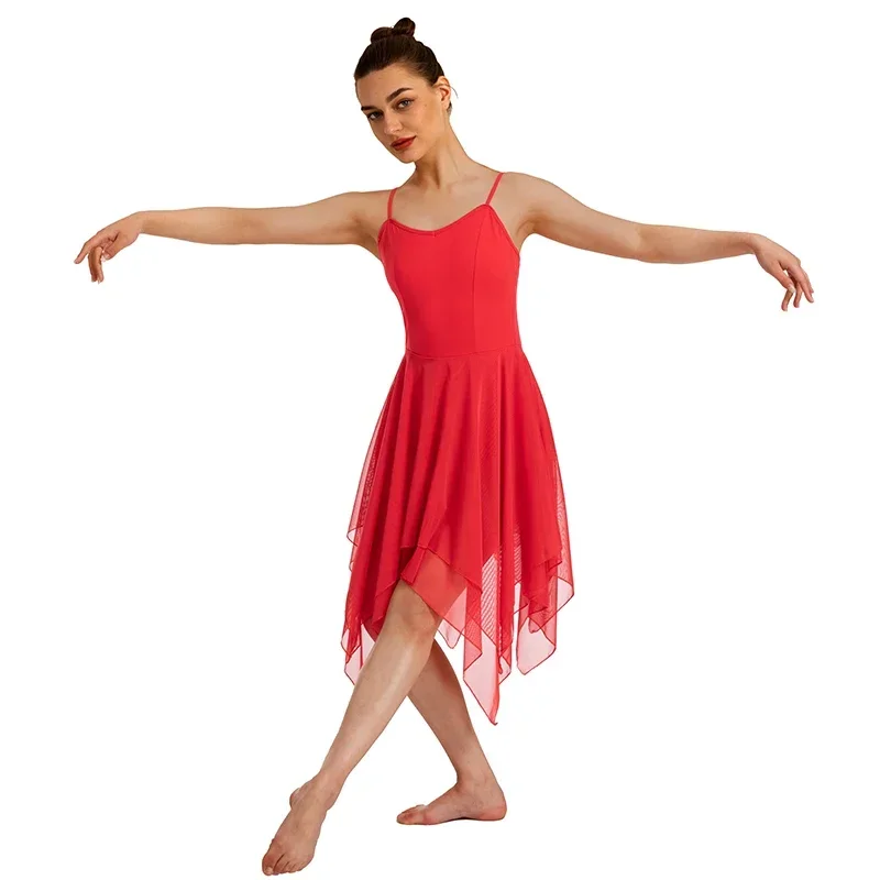 Costume da ballo per abito lirico moderno da donna, canotta asimmetrica alta-bassa senza maniche, gonna in rete per spettacoli di danza per adulti