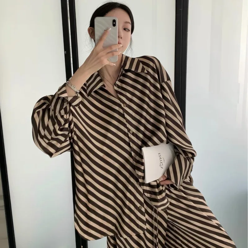 Stripe Ice Silk Women Pajamas Luxury Baroque Gold 26 New Summer Autumn Long Sleeve  Pants 2piece Set Casual Home Wear Nightgown