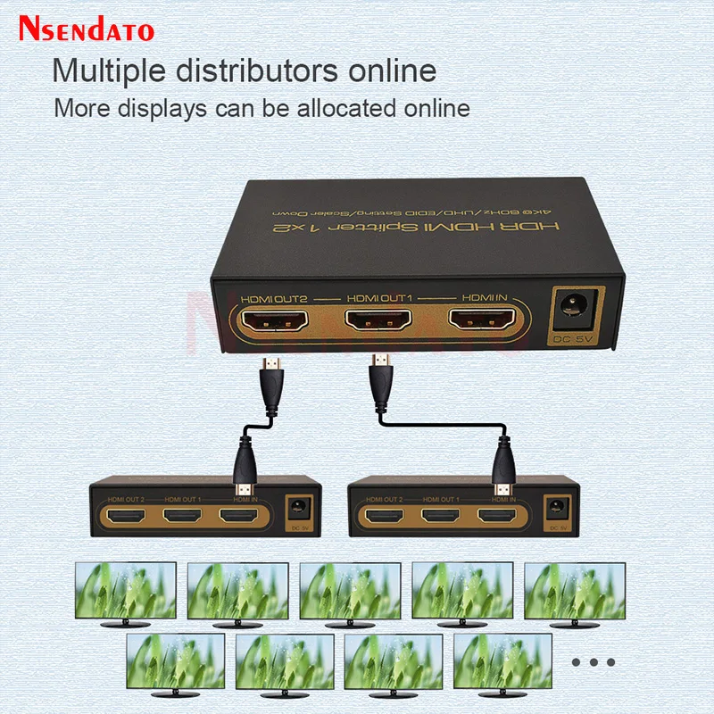 Divisor HDMI 1X2 4K 60Hz 1 en 2 salidas convertidor de interruptor HDMI con adaptador de corriente para Monitor HDTV Dolby HDCP2.2 DTS 1080p 4K