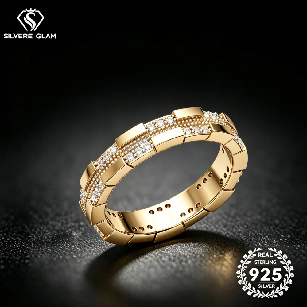 S925 Silver Geometric Block Eternity Band Ring Full Paved Cubic Zirconia Modern Stackable Wedding Fine Jewelry For Women