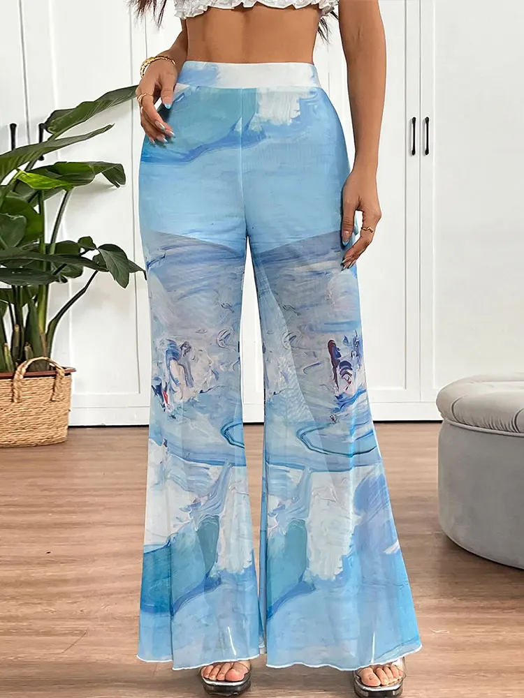 

Nice New Women Trousers Summer Streetwear Fashion Tie Dye Print Casual Slim Mesh Trousers Elegant Lady Sexy Versatile Pants Clot