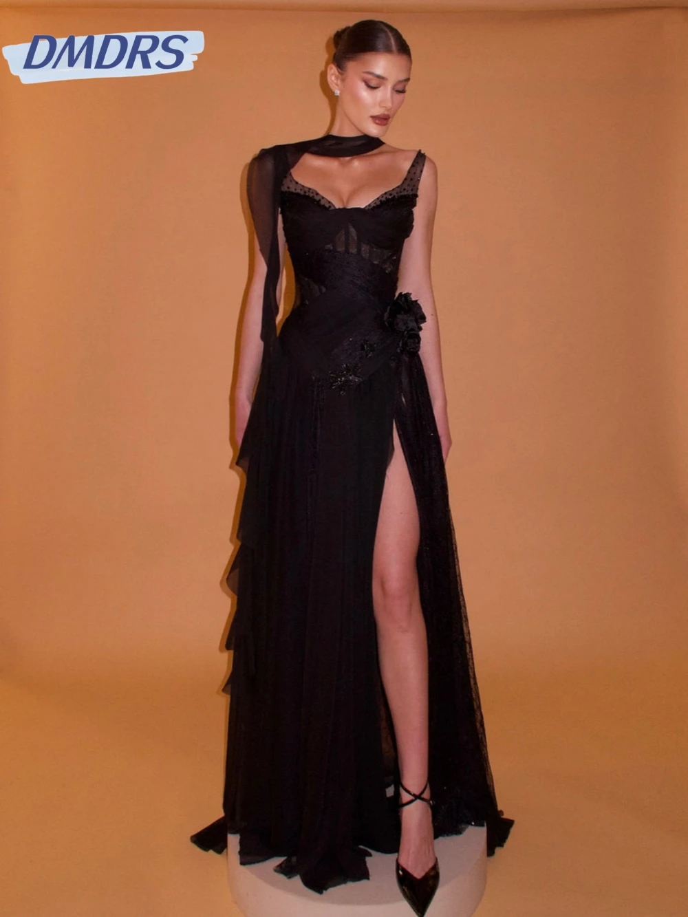 

Black Beaded A-line Long Evening Dress With 3D Flower Sexy Thin Straps High Slit Wedding Party Gown Customized New Prom Dresses