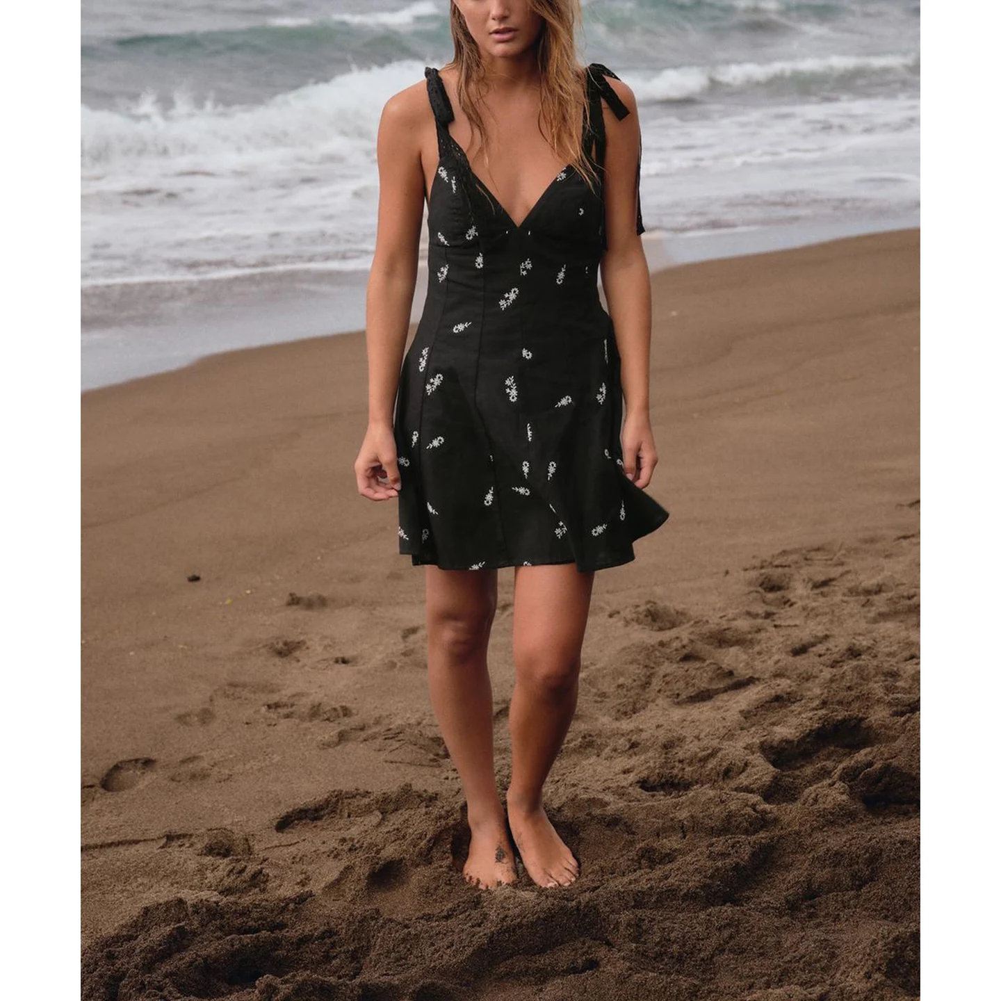 Été femmes ort Dr noeud décor v-ne mixte fleur broderie sangle taille haute a-ligne jupe trajet Sle