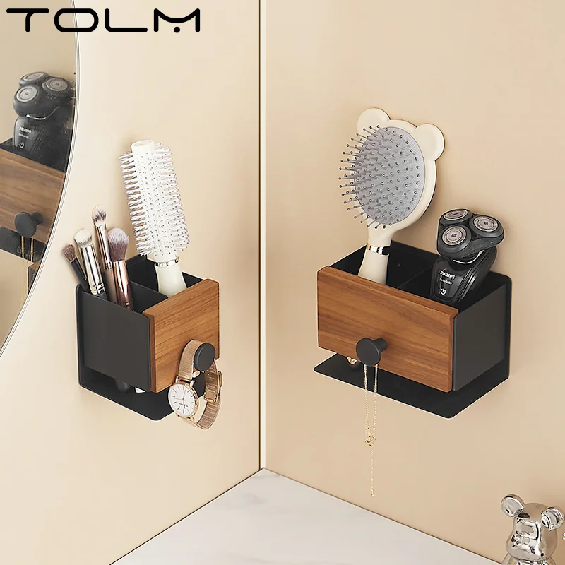 Walnut Wood Hair Tool Organizer Wall Mounted Brushes Holder Multifunctional Organizer Rack Bathroom Shelves Bathroom Accessory