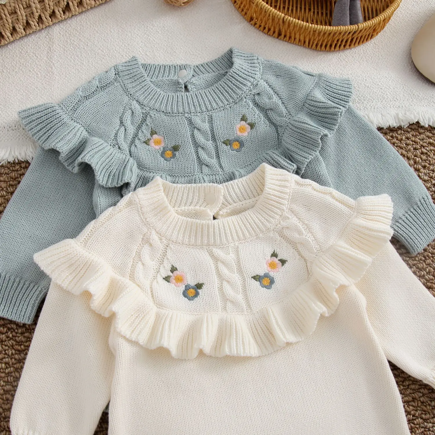 0-24M Newborn Kid Baby Girl Winter Clothes Flower Print Knit Romper Thick Warm Bodysuit Princess Sweater Outfit