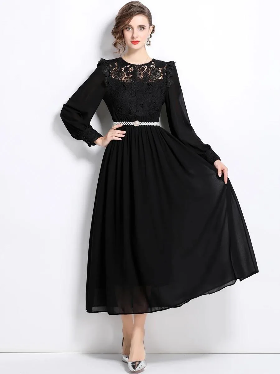 Women's Long Sleeve Solid Diamonds Belt Wedding Dresses Autumn Elegant Embroidery Hollow Out Lace Spliced Chiffon Party Vestidos