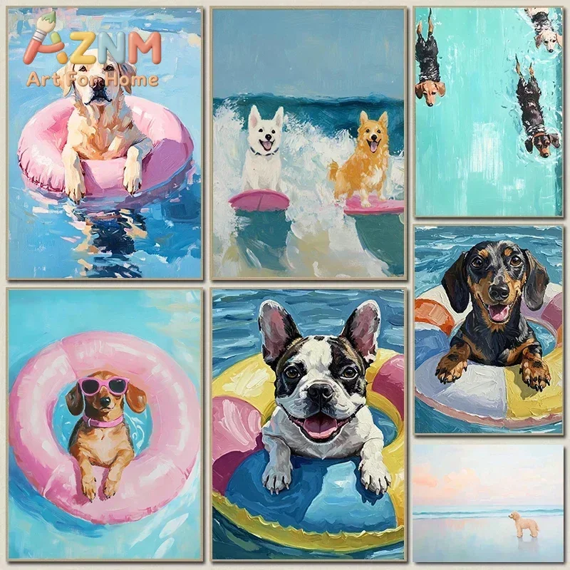 Fun Seaside Animal Surfing Pool Party Art Poster Canvas Oil Painting Printing Living Room Bedroom Bathroom Home Wall Decorati