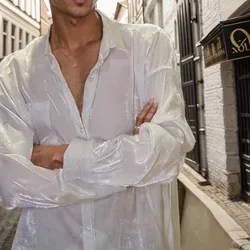 Men's Shirt Solid Color Pearlescent Fine Glitter Shirt Long Sleeve Loose Casual Male Top Boys
