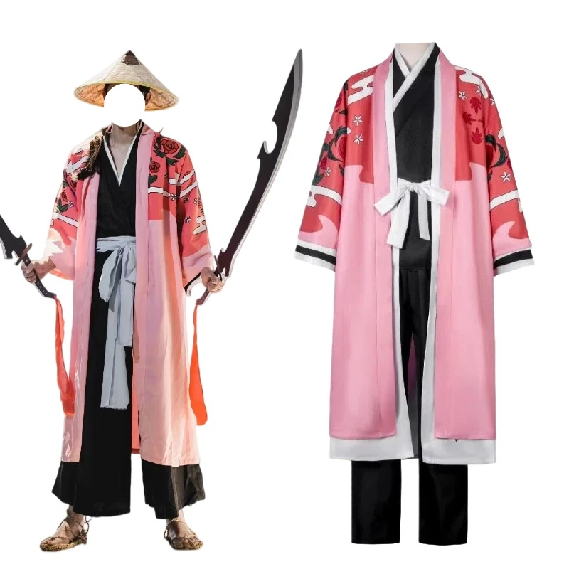 

Anime Kyoraku Shunsui Cosplay Costume Japanese Kimono Pink Black Top Pants Cloak Full Set for Men Halloween Party