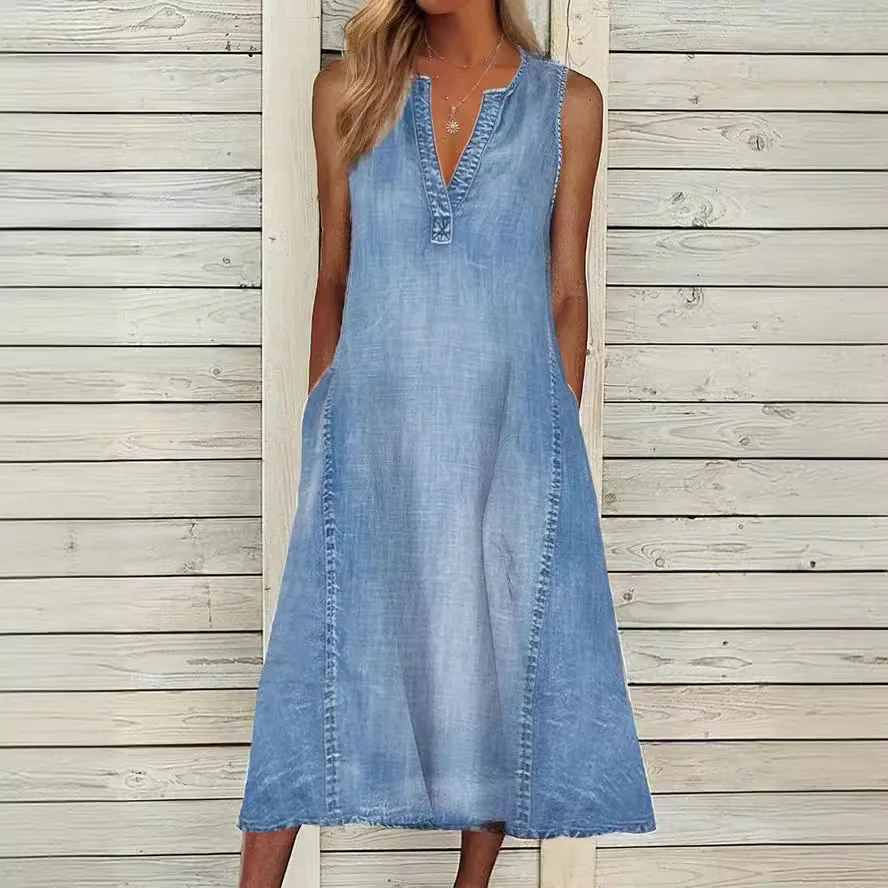 

2025 Amazon Independent Station Summer New Solid Color Sleeveless V-Neck Loose-Fit Casual Denim Dress