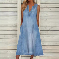 2025 Amazon Independent Station Summer New Solid Color Sleeveless V-Neck Loose-Fit Casual Denim Dress
