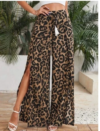 

Women's Pants Casual Tassel Tied Waist Leopard Print Wide Leg Pants Street Hip-Hop Style Casual Slit Elegant Wide Leg Pants