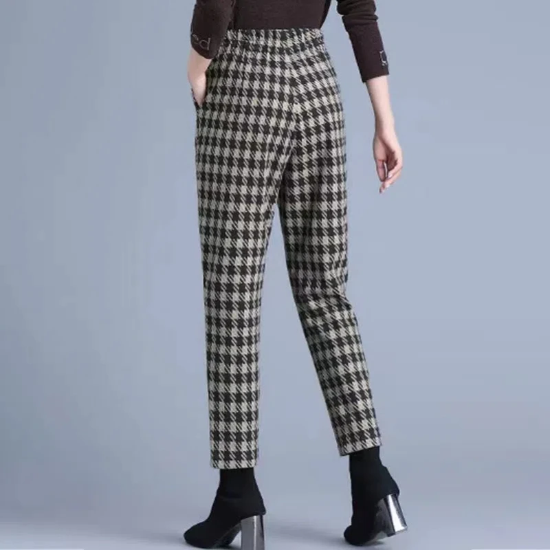 Sping autunno nuove donne abbigliamento pantaloni Plaid Pocket elastico a vita alta stile cinese moda Casual Haren pantaloni alla caviglia