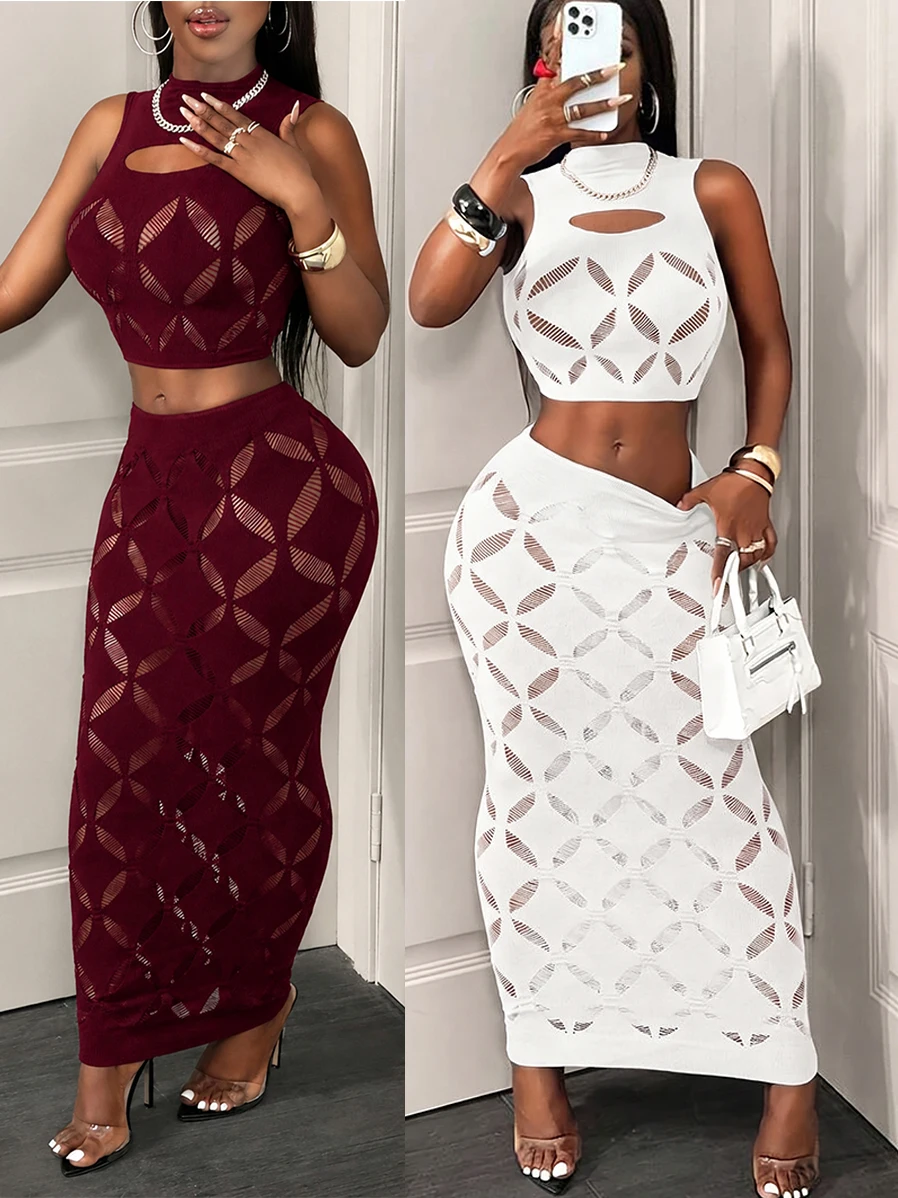 FHSEER Plus Size 2PCS Women's Sexy Set See Through Mesh Hollow Out Crop Tank & High Waist Bodycon Mini Skirt Stretechy Clubwear