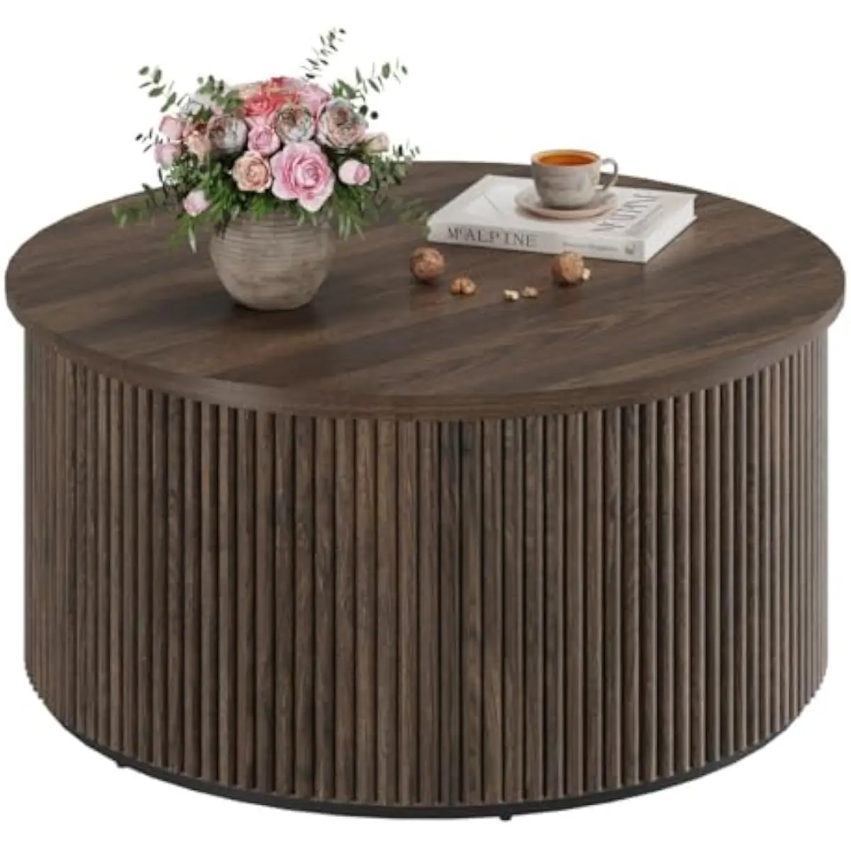 Round Fluted Wood Coffee Table with Hidden Sliding Storage Compartment • Mid-Century Inspired Circular Design • Dark Walnut Vene