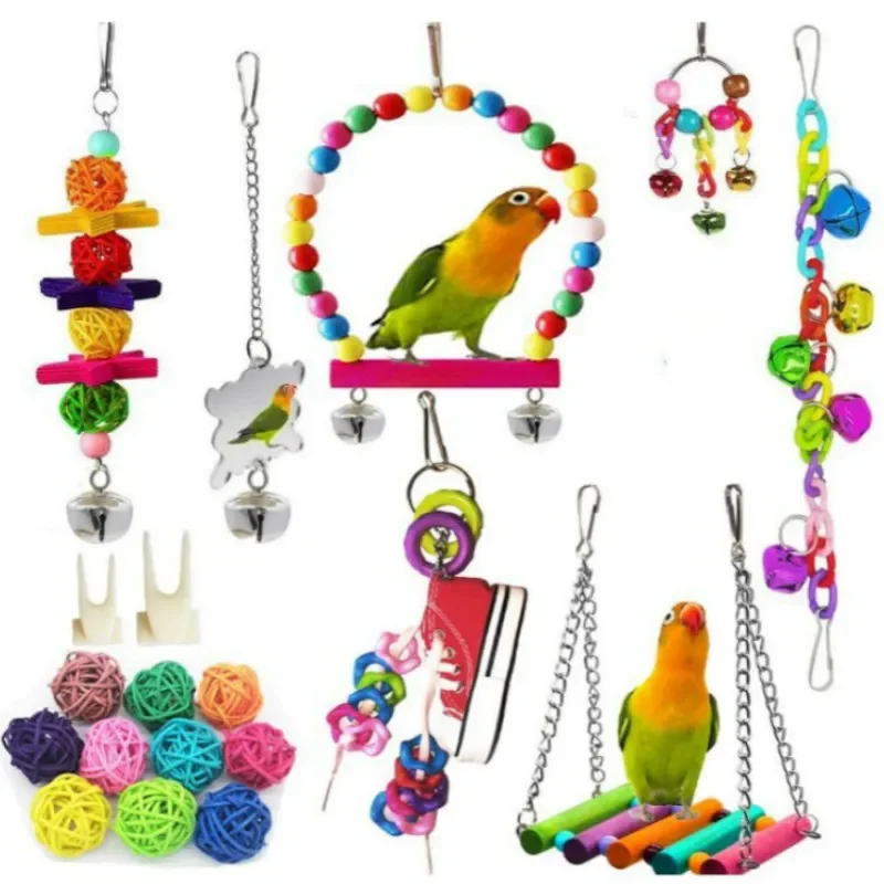 Ensemble de jouets en rotin pour oiseaux, petite et moyenne perroquet, chaîne de cloche JOSwing, plate-forme de meulage, 17 pièces