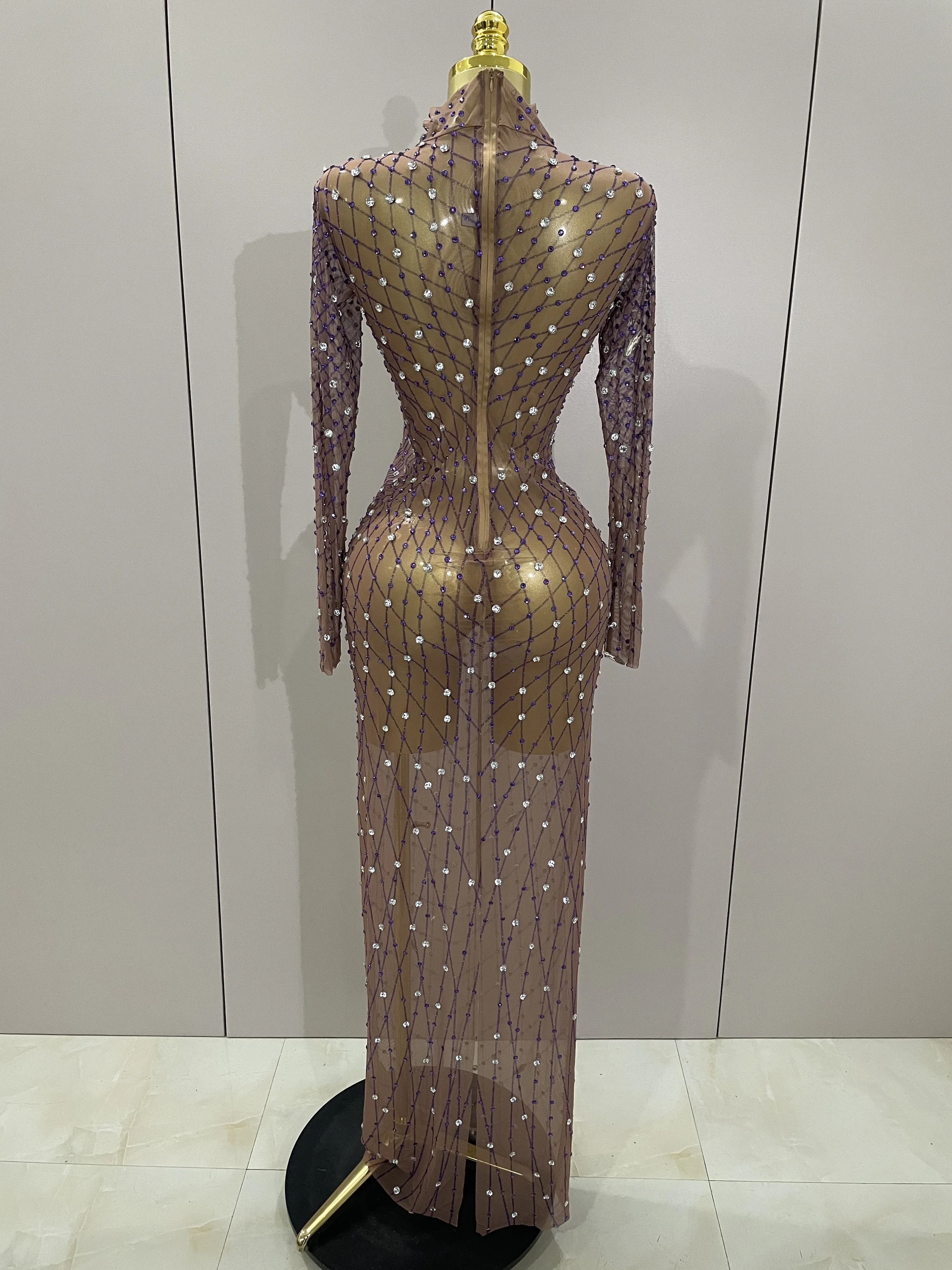Strass brillants maille Sexy voir à travers la robe longue femmes anniversaire célébrer soirée chanteur spectacle scène porter Photo Shoot robe
