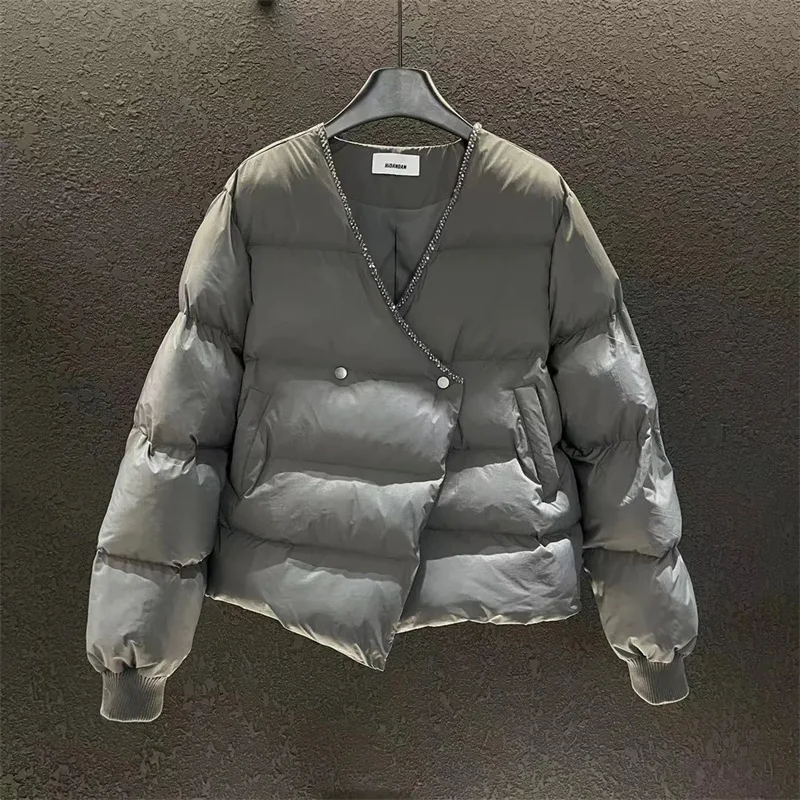 Winter New Fashion Down Cotton Jacket Women Studded V-Neck Warm Bread Outwear Grey Black Cotton-Padded Jackets Coat Female