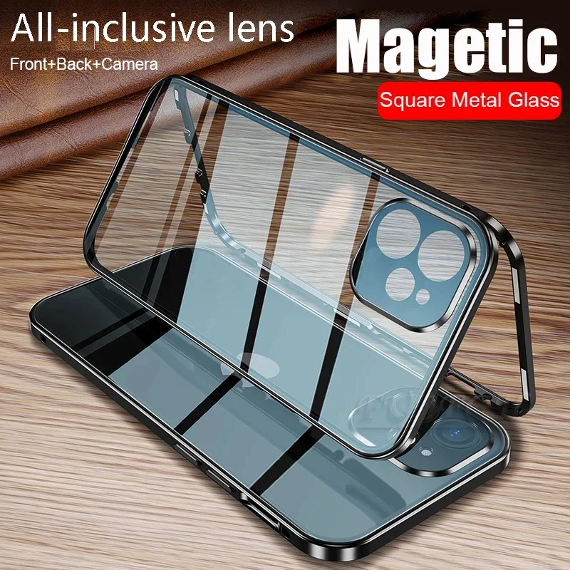 Double Sided Temper Glass Metal Magnetic Phone Case for IPhone 16 15 Plus 11 14 Pro Max 12 13 Mini Full Lens Protect Cover Cases