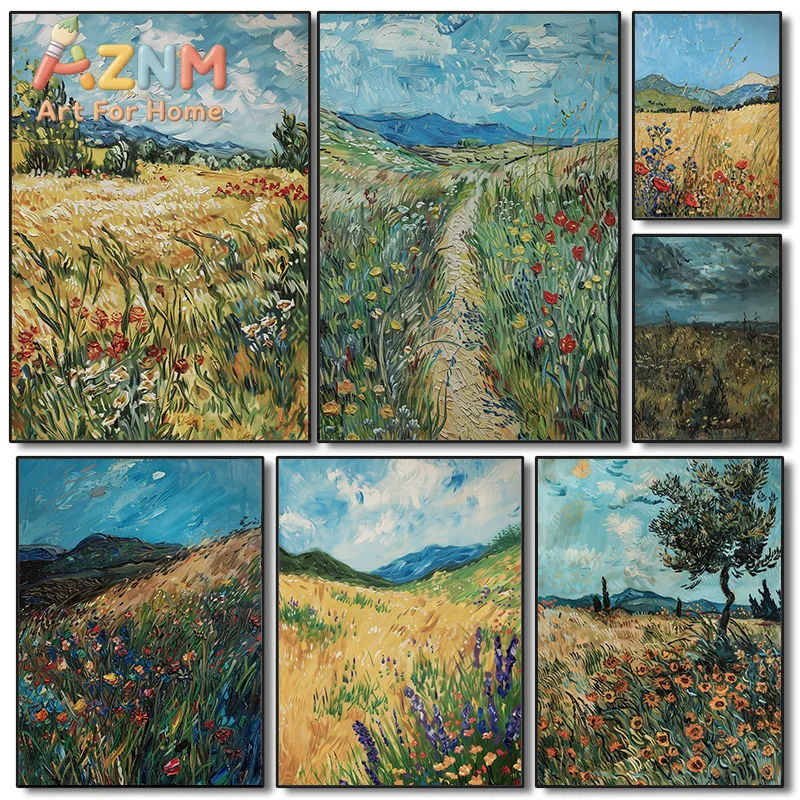 1pc frameless Canvas Painting Wildflower Flower Field  Painting Posters Vintage Country Spring Landscape Prints Canvas Wall A