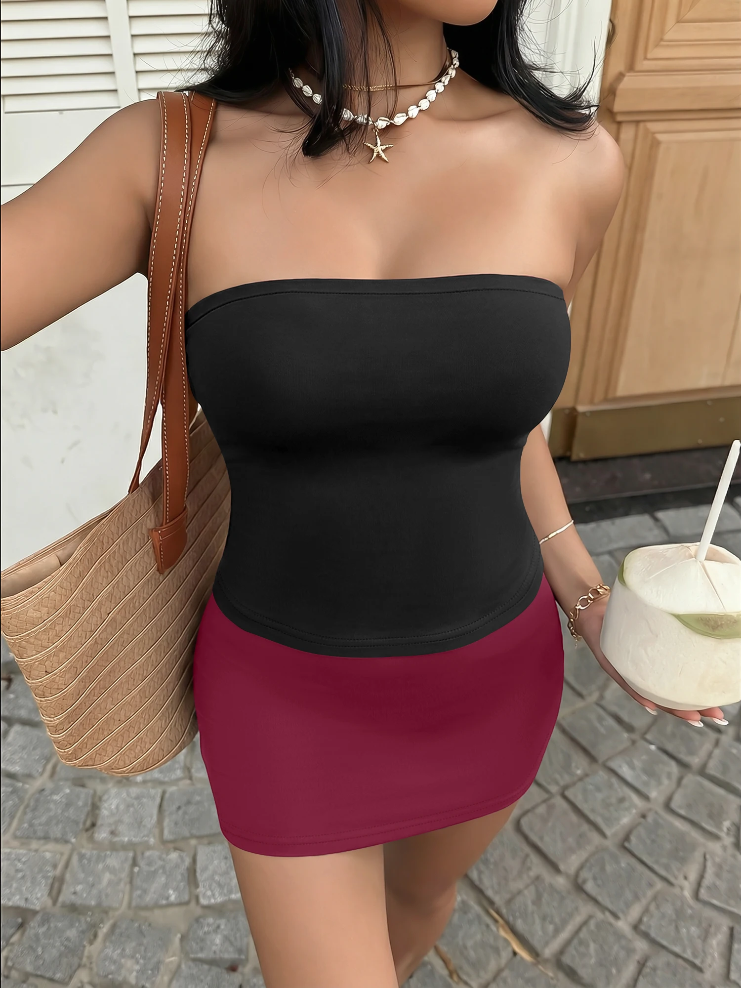 Party Two-Piece Set, Curved Hem Tube Top, Hugging Fit Mini Skirt, Spring Birthday Dinner Outfit