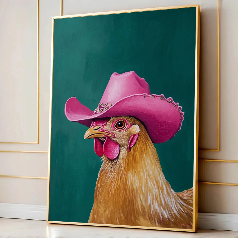1pc Unframed Green Western Cowgirl Chicken Trendy Art Preppy Canvas Print PosterMinimalist Cowboy Dopanmine Decor Funky Painting