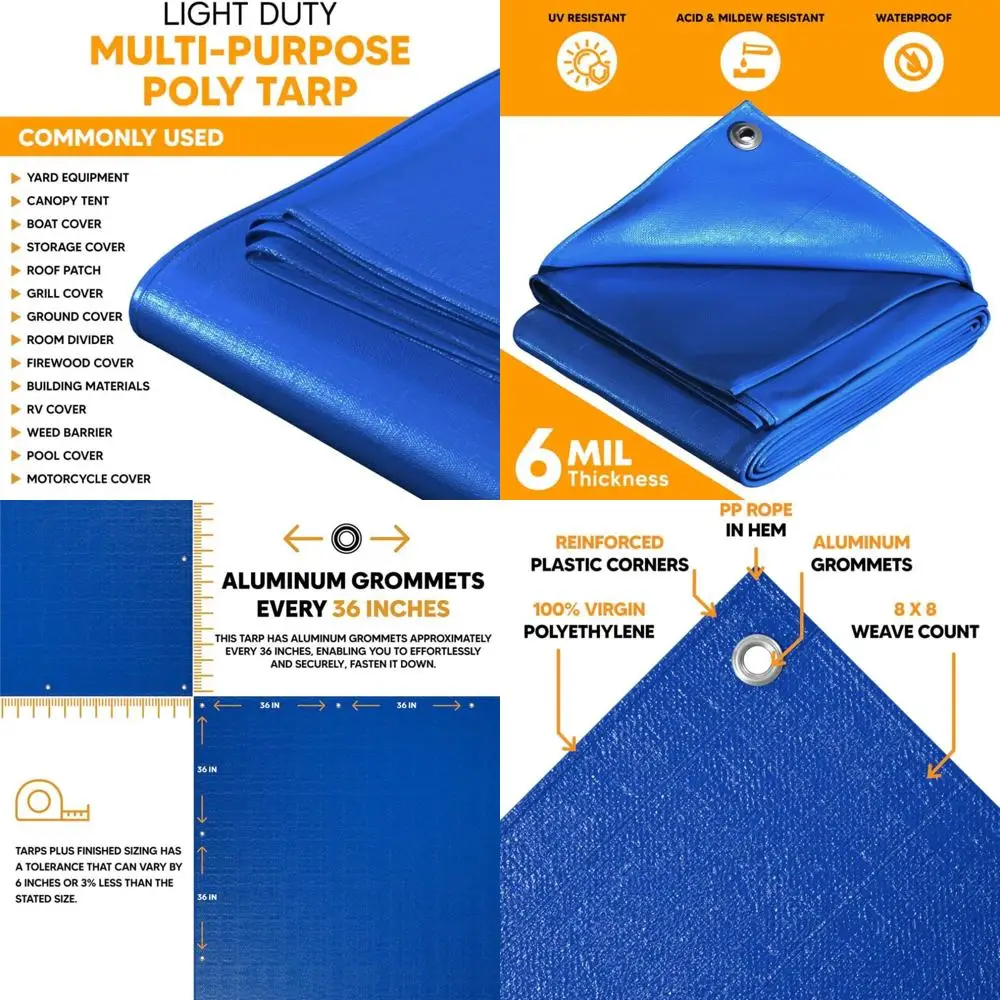أقمشة زرقاء شديدة التحمل مقاس 20 × 25 قدم، 6 مل، مقاومة للماء، مقاومة للأشعة فوق البنفسجية، حلقات معززة، غطاء متعدد الأغراض #1