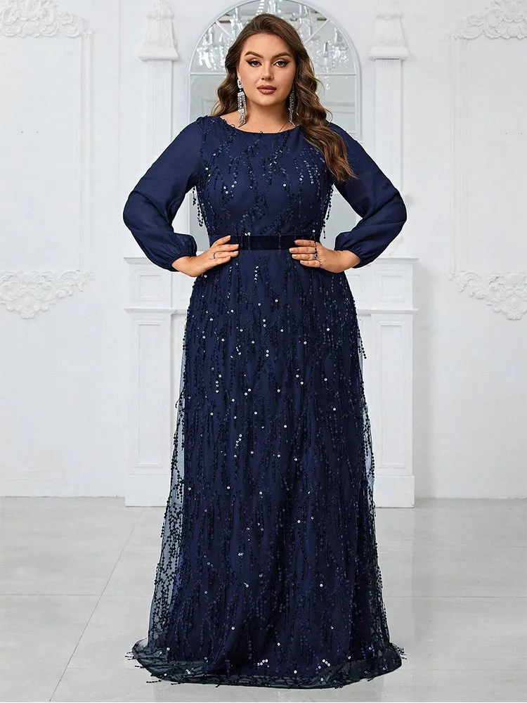 Plus Size Round Neck Black Sparkling Sequins Long Sleeve Floor-Length Evening Gown 4LX 5XL Big Size Marriage Prom Gown Women