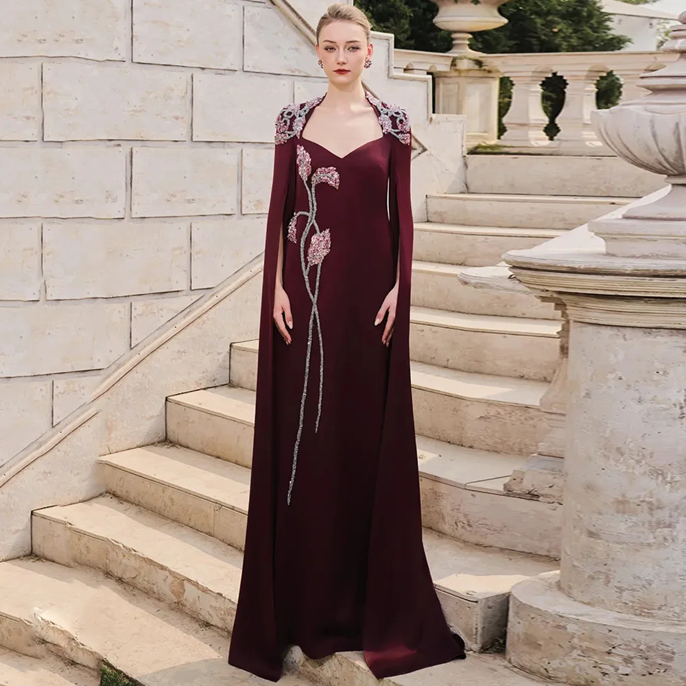 Nuovo arrivo abito da sera con maniche mantella personalizzato scollo a V perline pietra donna saudita abito da ballo abiti da festa di nozze