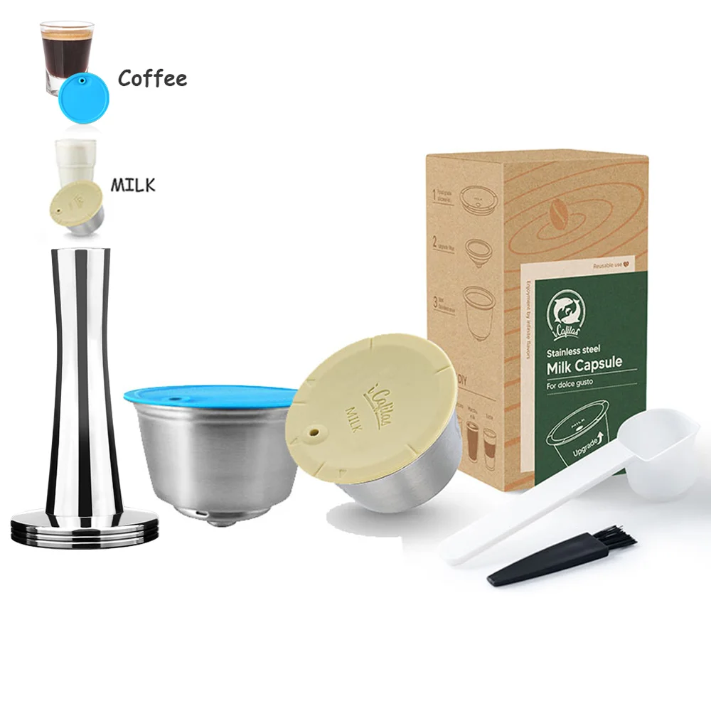 Reusable Milk & Coffee Capsule for Dolce Gusto Genio / Piccolo XS Machine Stainless Steel Coffee Filter Pods with Holder