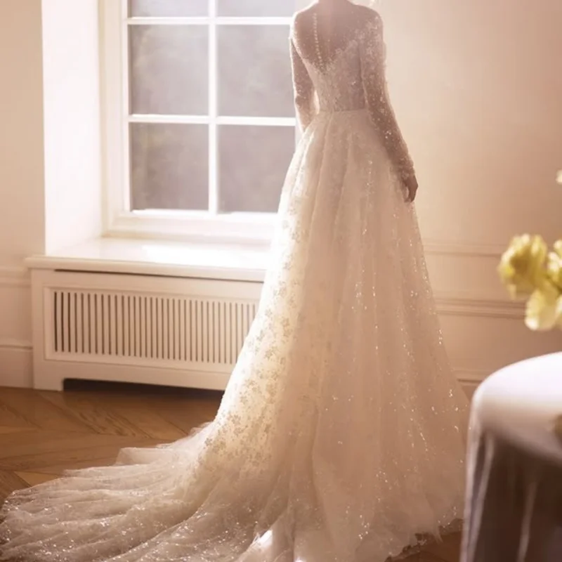 فساتين زفاف بيضاء لامعة مزينة بالدانتيل ملصق عاري الكتفين تنورة بأكمام طويلة مصنوعة فستان زفاف فستان زفاف #4