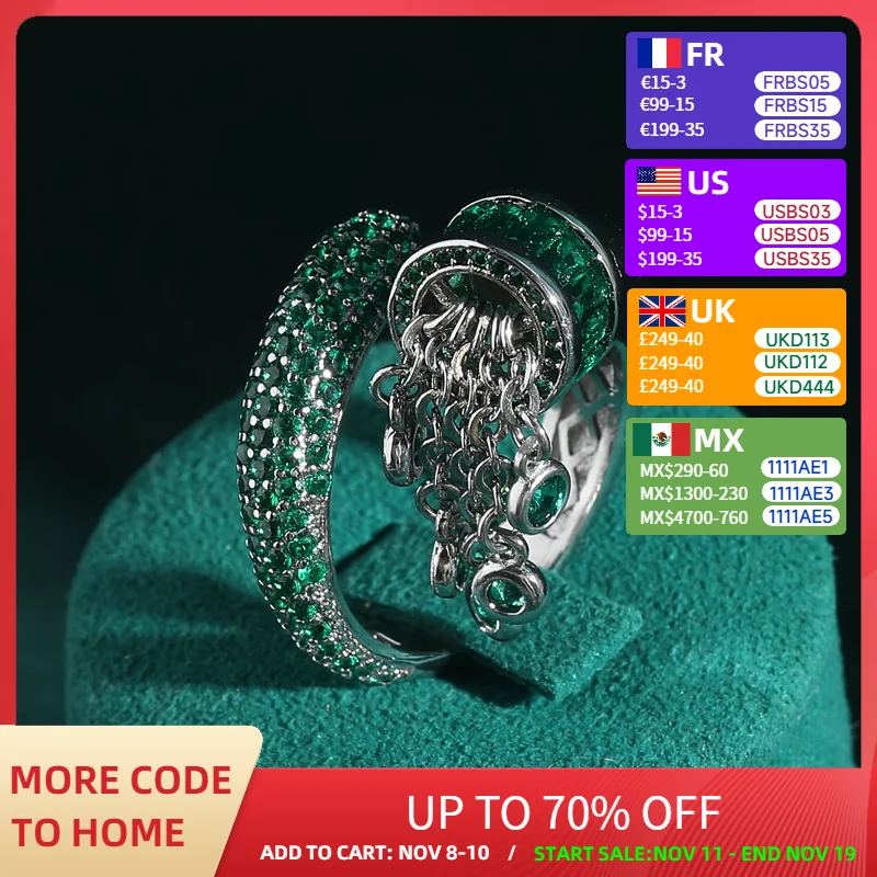 

Vintage Cubic Zirconia Green Emerald Ring Luxury Drop Chain Silver Color Jewelry Adjustable Rings For Woman Girls New Arrival