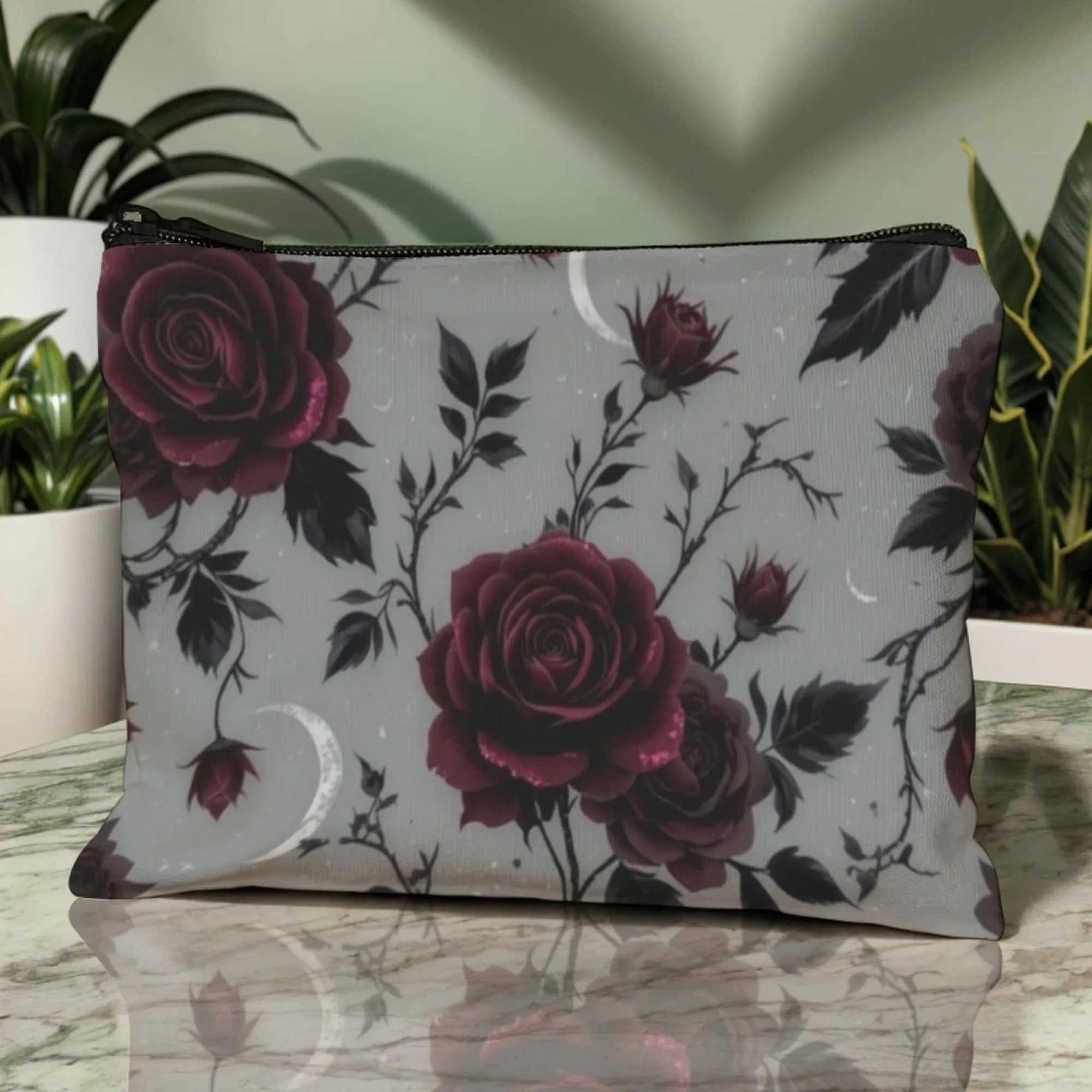 Burgundy Rose Gothic Makeup Bag Grey with Moon & Star Roses Pattern Print Zippered Pouch for Gothic Travel Organizer Bag