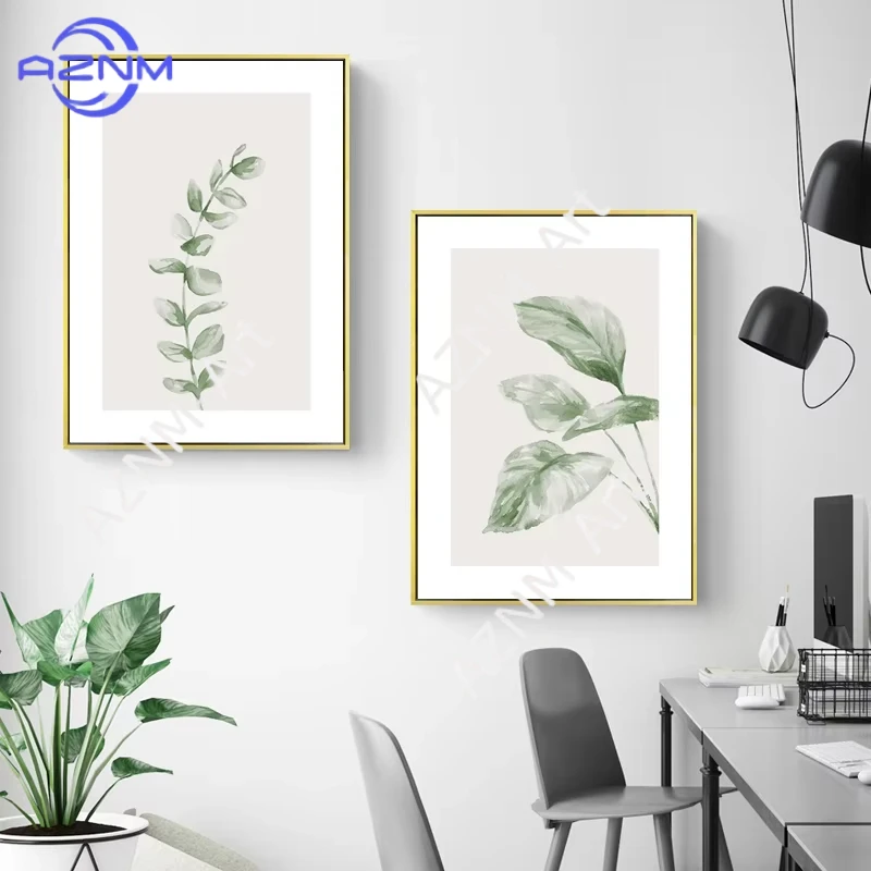 1/2 Stück Grünes Blatt Poster Schwarz-Weiß Landschafts-Dekorationsbild Leinwanddruck Wandbild Kunstdruck Deko Nordischer Wohnzimmer-Stil