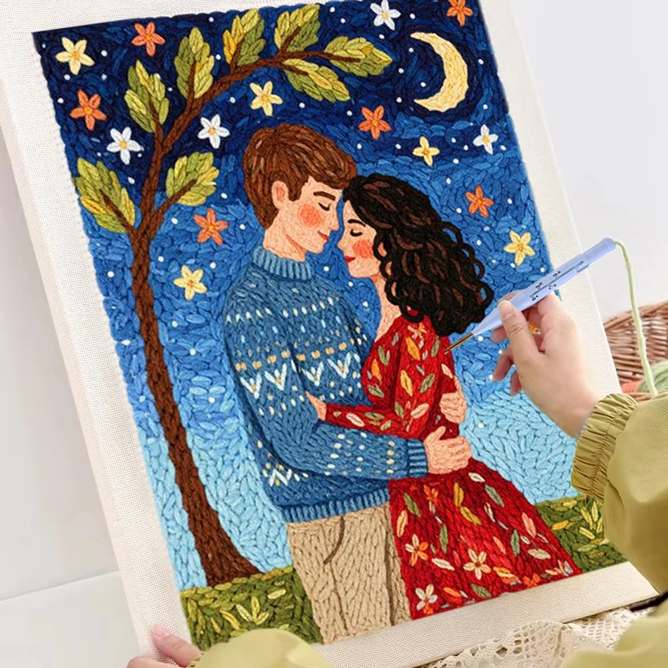 

25x30cm Punch Needle Embroidery Kit with Frame Romantic Couple Pattern Diy Craft Embroidery Starter Set for Beginners Yarn Paint