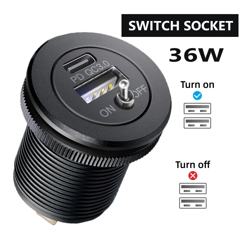 

Switch Button SOCKET Quick Charge 3.0 2 USB Fast Car Charger Socket for 12V/24V Cars Boats Motorcycle